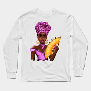 Queen Black is beautiful Anime Manga black girl with Purple headdress, necklace, earrings, gold dress and head wrap, brown eyes and dark brown skin ! Long Sleeve T-Shirt